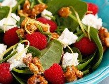 Raspberry, spinach and Persian feta salad with salted candied walnuts