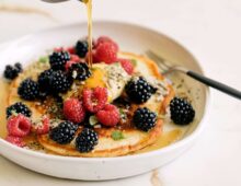 Buttermilk Pancakes Topped with Fresh Raspberries & Blackberries
